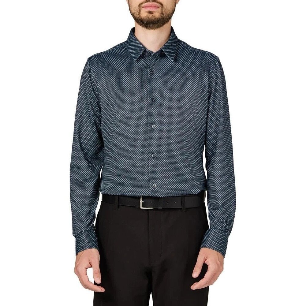 Infinity Linearflex Men's L Navy Patterned Long-Sleeve Dress  Shirt  L1307